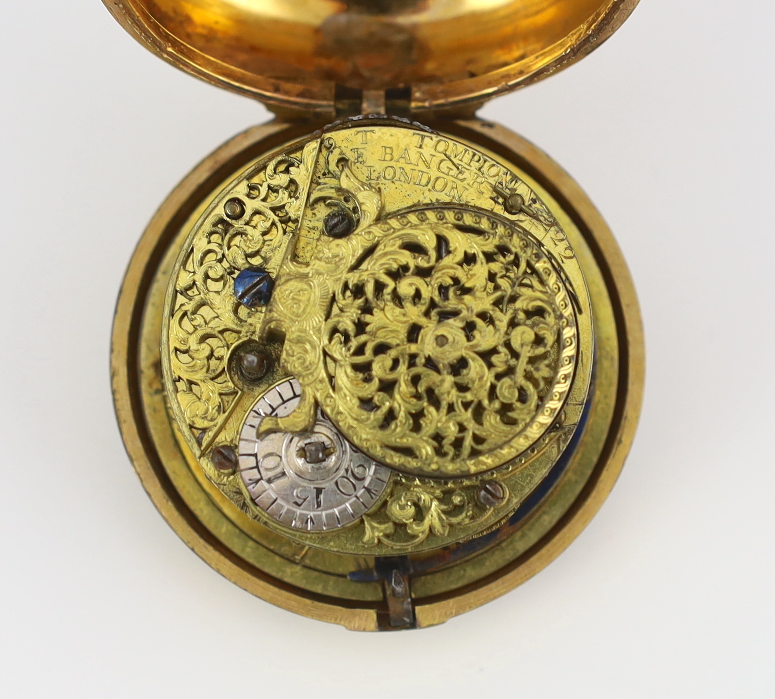 An early 18th century (later) pair cased gilt metal keywind verge pocket watch by Thomas Tompion & Edward Banger